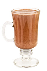 Glass of hot cacao drink on white background