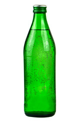 Green bottle of water on white background