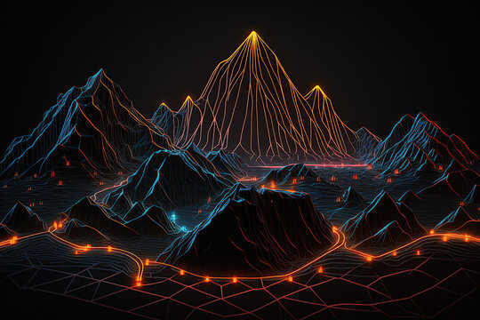 Abstract Colorful Neon Terrain, glowing in the dark, created with Generative AI