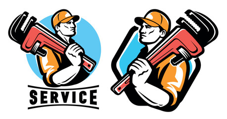 Technical service emblem, workshop logo. Plumber with plumbing wrench. Construction, repair work vector illustration