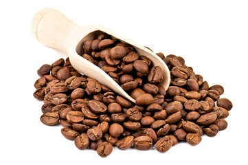 Roasted coffee beans in wooden scoop on white background