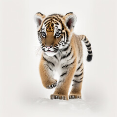 Obraz premium Tiger Cub Walking in Snow created with Generative AI Technology