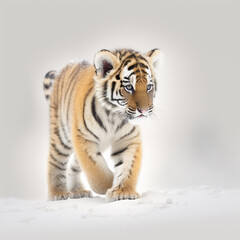 Fototapeta na wymiar Tiger Cub Walking in Snow created with Generative AI Technology