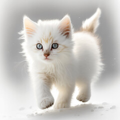 Adorable White Kitten Walking in Snow created with Generative AI Technology