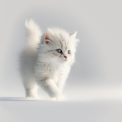 Adorable White Kitten Walking in Snow created with Generative AI Technology