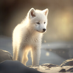 Naklejka premium White Fox Cub in Snow created with Generative AI Technology