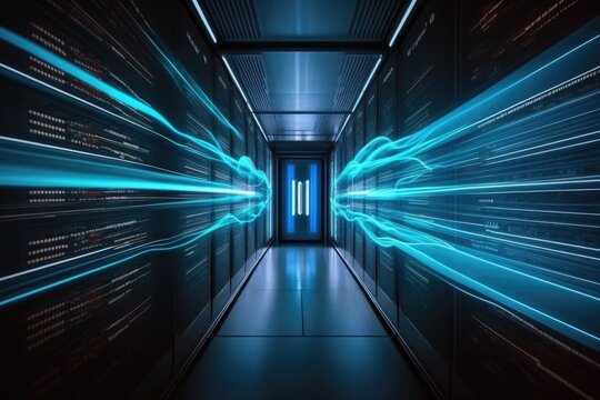 Image shows a high speed Internet data center corridor lit up with blue neon depicting the flow of data. Generative AI