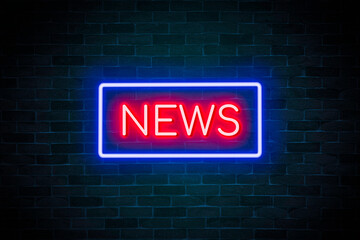 NEWS text neon banner on brick wall background.