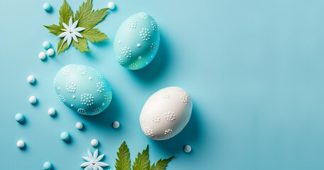 Colorful Easter eggs on a blue background. Easter concept. Generative AI.