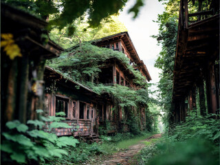 The nature takes back the with plants overgrown ruins of an old human setllement in a forest. Generative AI