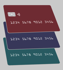 Three generic mock credit cards with modern design are seen stacked on each other in a  vector illustration.