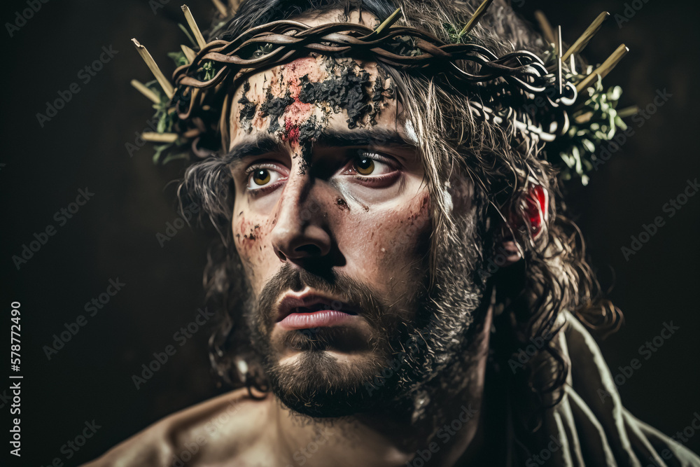 Poster Abstract art. Colorful painting art portrait of Jesus with a crown of thorns. Easter, crucifixion or Resurrection concept. Jesus is alive. Generative AI. - Posters