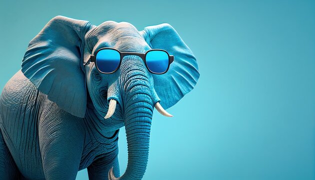 cool Elephant face with sunglasses, empty copy space for text, pastel blue studio background. Generative AI.