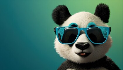 Obraz premium Cool panda face with sunglasses, empty copy space for text, pastel blue studio background. Generative AI.