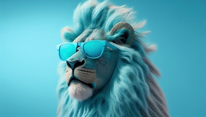 cool lion face with sunglasses, empty copy space for text, pastel blue studio background. Generative AI.