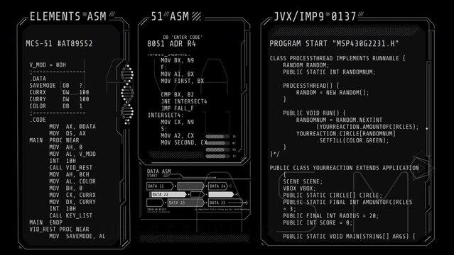 Animated poster of HUD interface with coding elements.