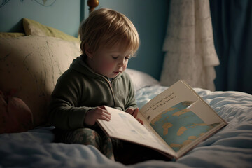 Fototapeta na wymiar Little child reading a book in his bed, beautiful drawing, 3d render, International Children's Book Day idea,