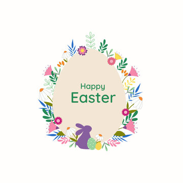 Easter egg with hand drawn fliwers and leaves. Design templete for easter greeting card.Vector illustration
