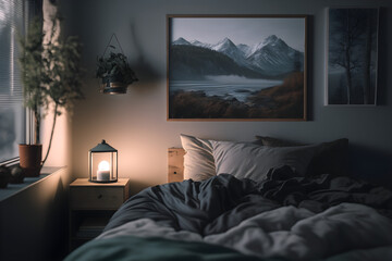 bedroom in the night, interior of a room, interior of a bedroom, Bedroom minimalism style