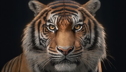  a close up of a tiger's face with a black background.  generative ai