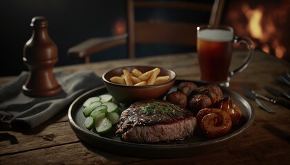  a plate of steak, potatoes, and pickles with a glass of beer.  generative ai