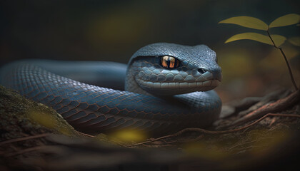  a blue snake with its eyes open sitting on a branch.  generative ai
