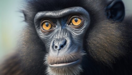  a close up of a monkey's face with yellow eyes.  generative ai