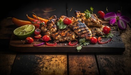 Naklejka na ściany i meble a wooden cutting board topped with meat and veggies. generative ai