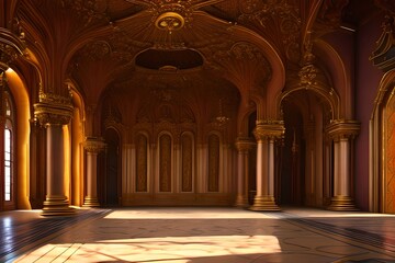 A Realistic Fantasy Interior Of The Royal Palace. Golden Red Palace. Castle Interior. Fiction Backdrop. Concept Art. Generative AI