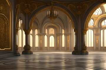 Fototapeta na wymiar A Realistic Fantasy Interior Of The Royal Palace. Golden Palace. Castle Interior. Fiction Backdrop. Concept Art. Generative AI