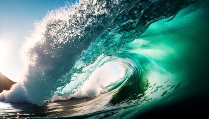 Close-up view of wave barrel breaking in the ocean