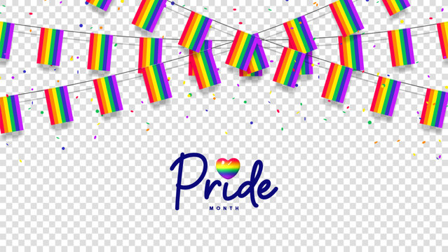 Rainbow garlands and confetti template. Rainbow garlands and colorful confetti isolated on checkered background. Lettering symbol of Pride Month. Vector illustration for decoration of LGBTQ events.
