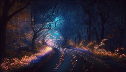  a painting of a road in the middle of a forest.  generative ai