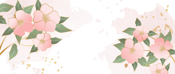 Luxurious background with golden lines, watercolor strokes and cherry blossoms. Cherry tree in blossom with watercolor and pink color, leaves. Vector background for banner, poster, web and packaging.