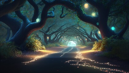 a painting of a road with lights on the sides of it.  generative ai