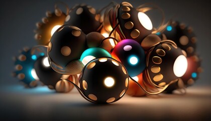  a bunch of balls that are sitting on a table with lights.  generative ai