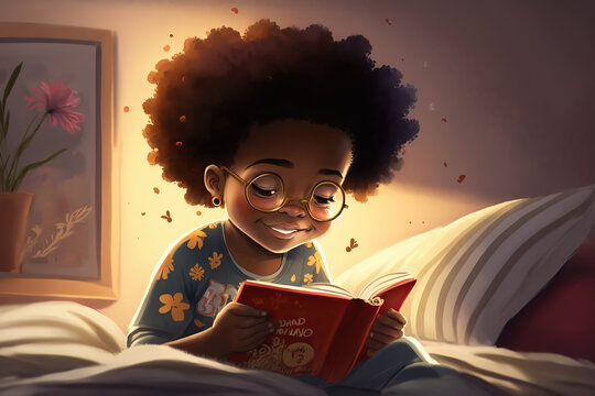 Little African American child reading a book in his bed, beautiful drawing, 3d render, International Children's Book Day idea,