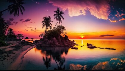  a beautiful sunset with palm trees and a small island in the middle of the ocean.  generative ai