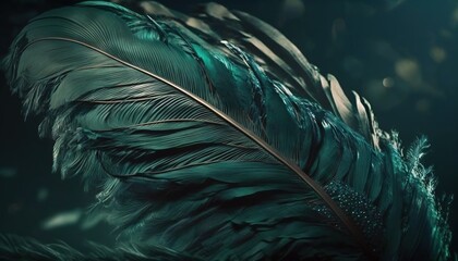  a close up of a green feather on a black background.  generative ai