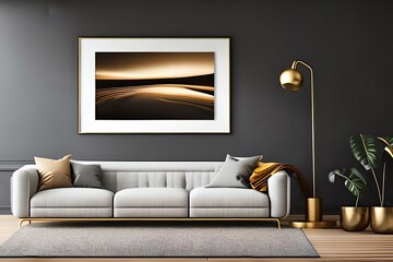 Gold Frame In Dark Modern Living Room Mockup With. Generative AI