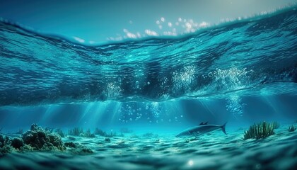  a dolphin swims under the water in a blue ocean.  generative ai