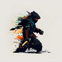 Tuinposter walking black ninja with a knife on a gray background, bright colors, pixel style © Юрий Маслов