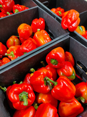 red sweet pepper in plastic boxes on the counter of the vegetable market
