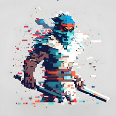 Obraz premium blue ninja with an orange pixel-style armband on a gray background