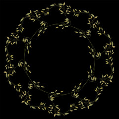 Round floral frame with leaf branches. On black background.