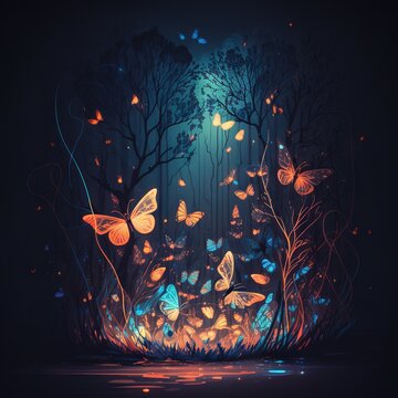  a painting of a forest with butterflies flying over the trees.  generative ai