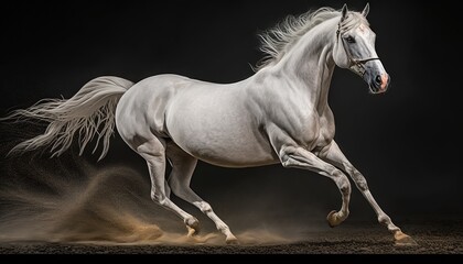 Fototapeta na wymiar a white horse is galloping in the dust on a black background. generative ai