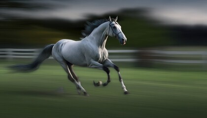  a white horse galloping in a field of green grass.  generative ai