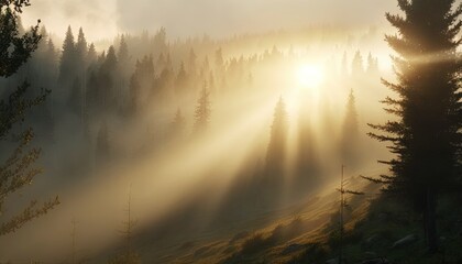  the sun is shining through the fog in the trees in the forest.  generative ai
