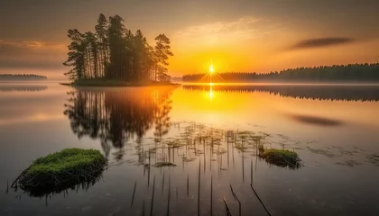 Foto op Canvas  the sun is setting over a lake with a small island in the middle.  generative ai © Jevjenijs